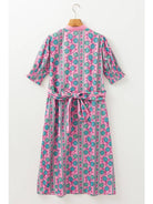 Women's Pink Floral Puff Sleeve Sash-Tie Midi Dress - view 3