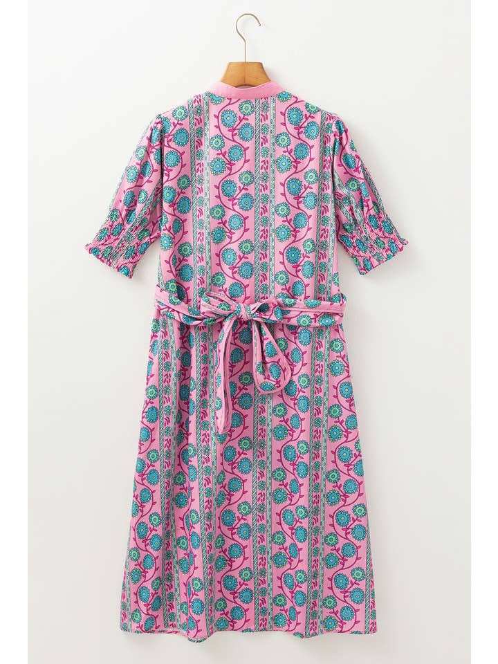 Women's Pink Floral Puff Sleeve Sash-Tie Midi Dress - view 3
