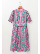 Women's Pink Floral Puff Sleeve Sash-Tie Midi Dress - view 4