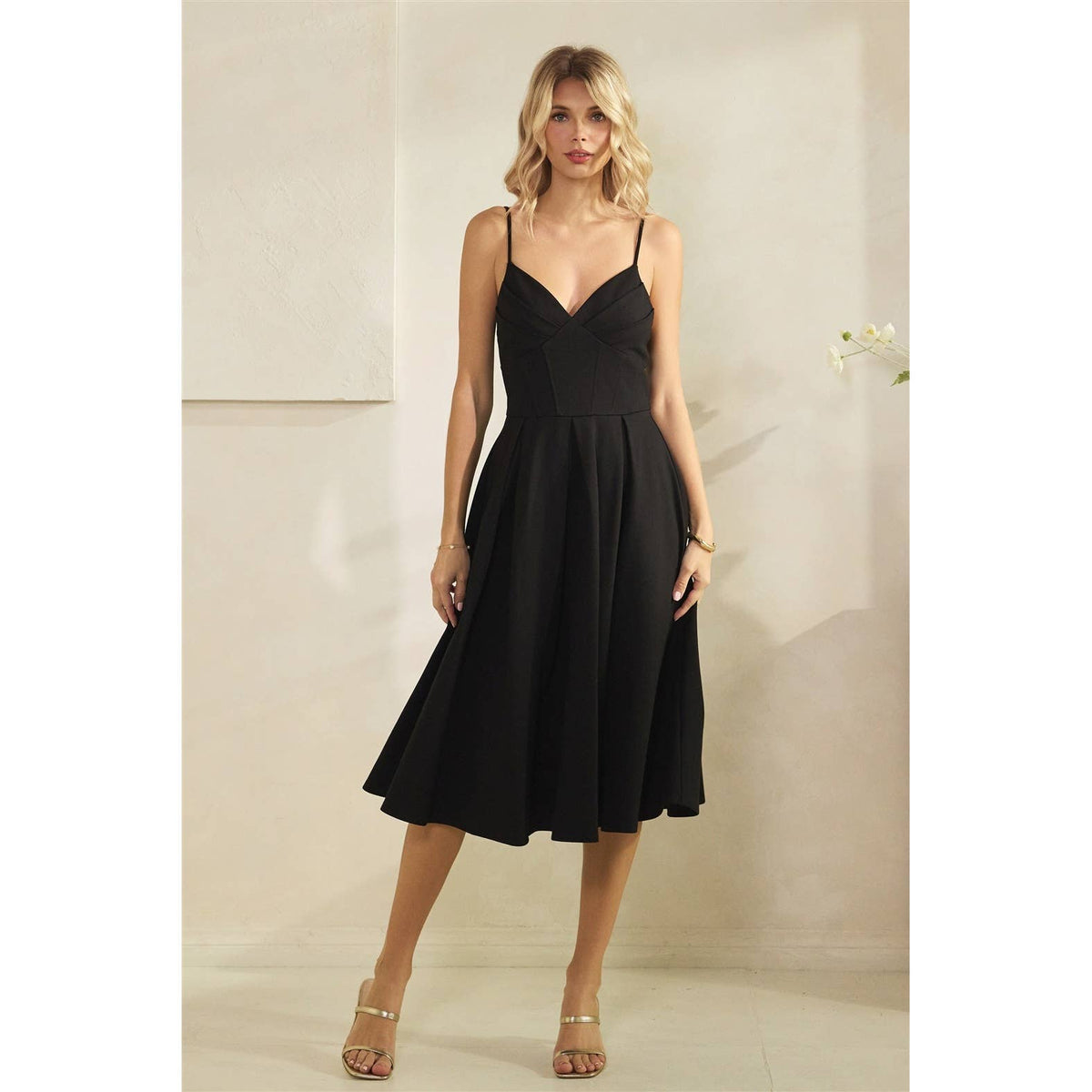 Women's black pleated bust spaghetti strap flared midi dress
