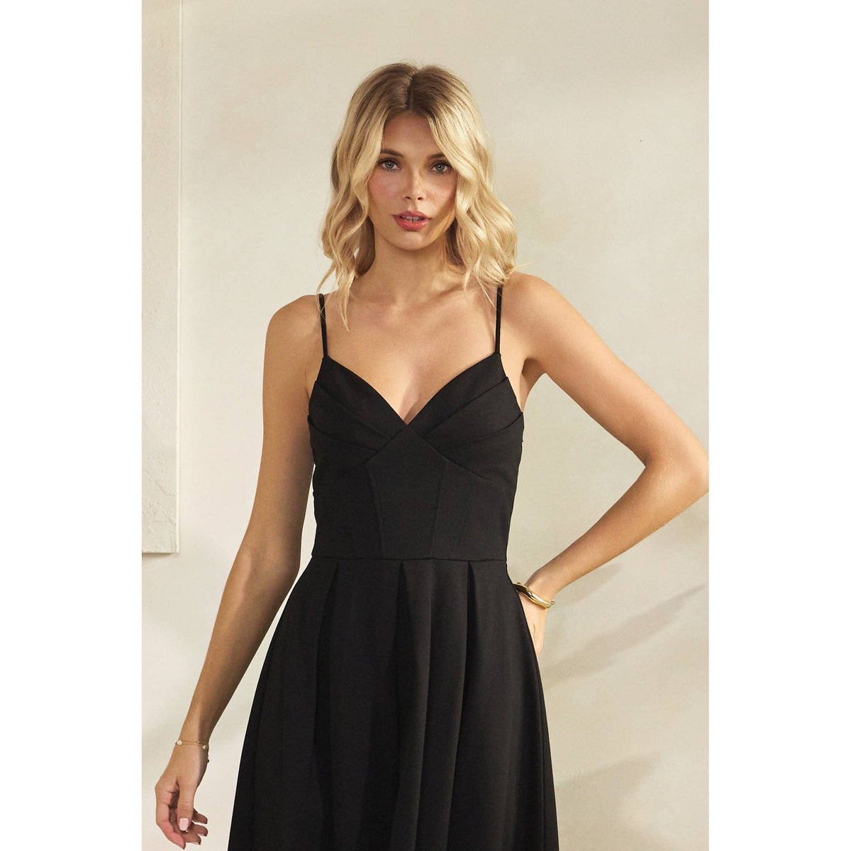 Women's black pleated bust spaghetti strap flared midi dress – view 2