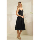 Women's black pleated bust spaghetti strap flared midi dress – view 3