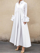 Women's white pleated flared sleeve lapel maxi shirt dress