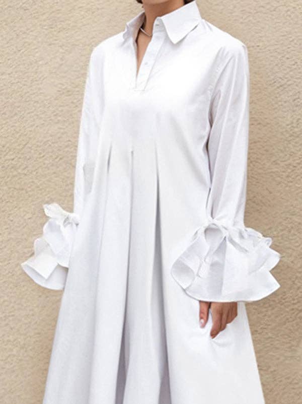 Women's white pleated flared sleeve lapel maxi shirt dress – detail view