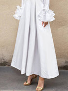 Women's white pleated flared sleeve lapel maxi shirt dress – styled view