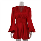Women's red satin long puff sleeve mini dress with pleated skirt and fitted waistband - view 4