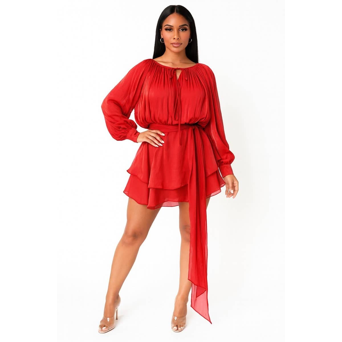 Women's red pleated ruffle mini dress with matching shorts – photo 2