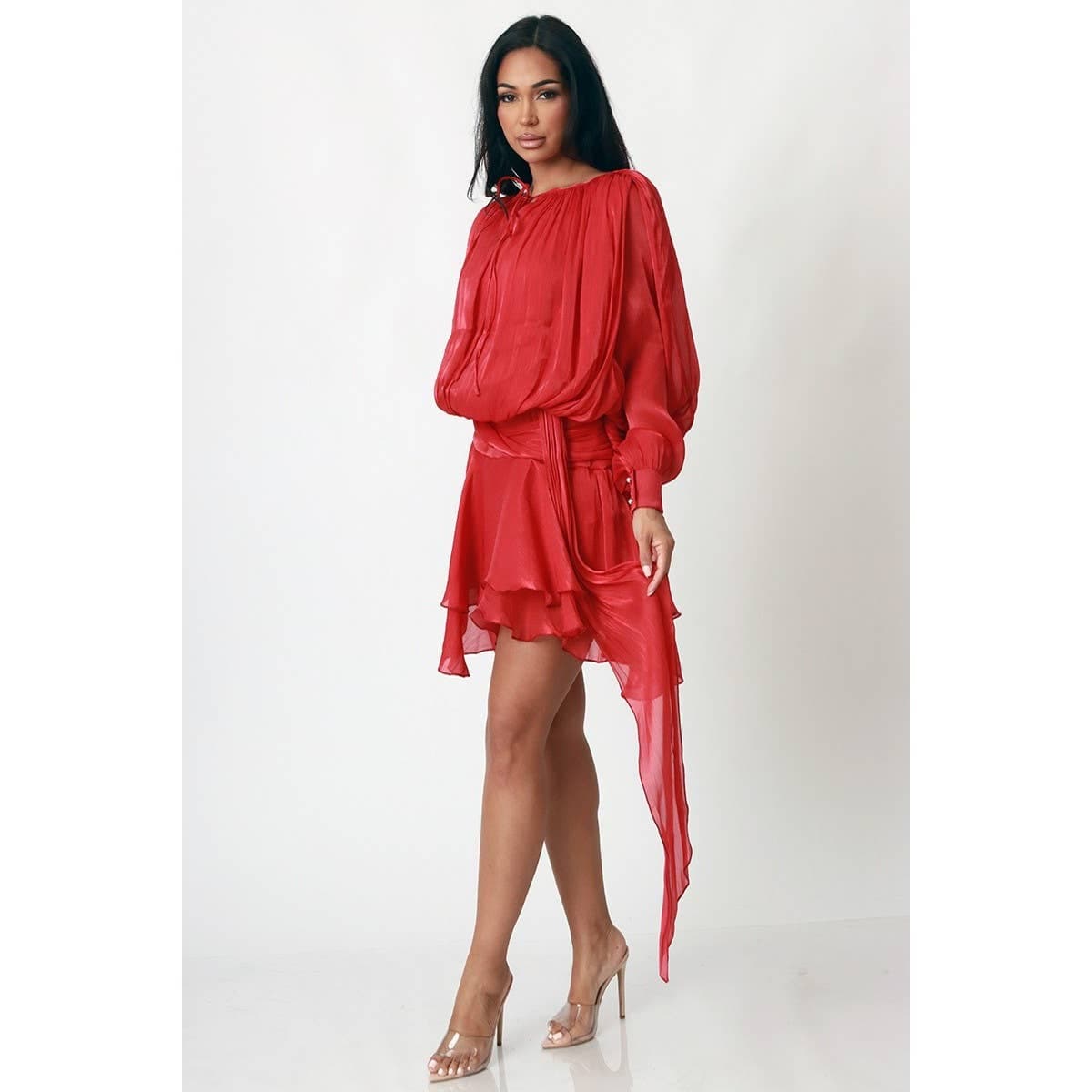 Women's red pleated ruffle mini dress with matching shorts – photo 4
