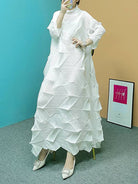 Women's white pleated stand collar long sleeve flowy maxi dress