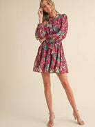 Women's Plum Floral Puff-Sleeve Button-Front Mini Dress - front view