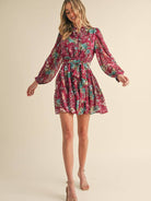 Women's Plum Floral Puff-Sleeve Button-Front Mini Dress - view 3