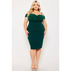 Women's plus size hunter green cold shoulder criss-cross bodycon midi dress, view 2