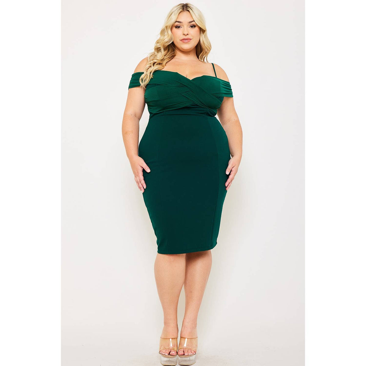 Women's plus size hunter green cold shoulder criss-cross bodycon midi dress, view 2