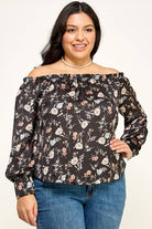 Women's plus size black floral off-shoulder ruffle blouse
