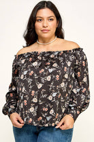Women's plus size black floral off-shoulder ruffle blouse, view 2