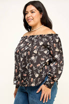 Women's plus size black floral off-shoulder ruffle blouse, view 3