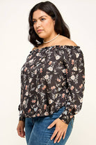 Women's plus size black floral off-shoulder ruffle blouse, view 4