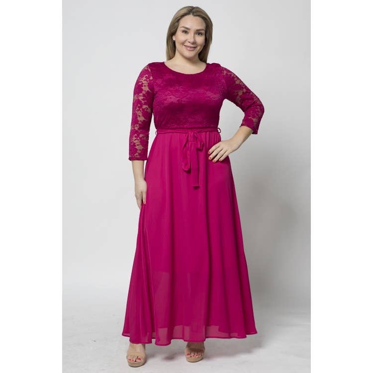Women's plus size lace bodice chiffon maxi dress wedding guest gown, view 2