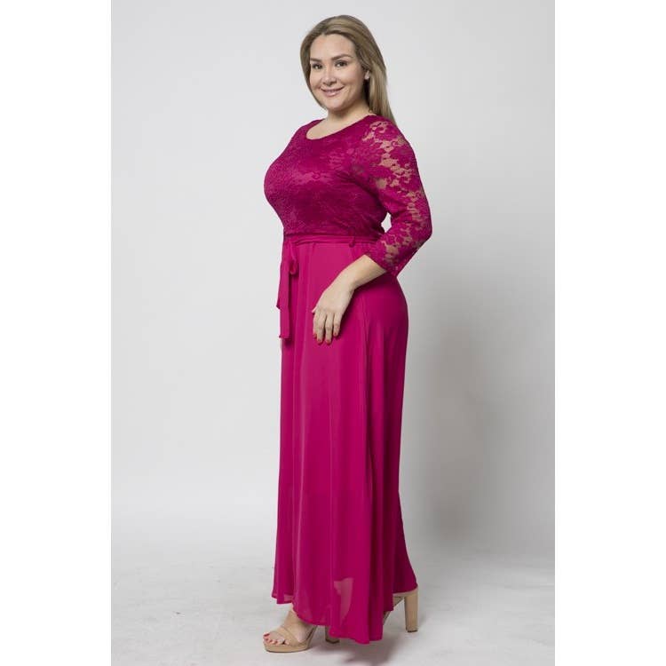 Women's plus size lace bodice chiffon maxi dress wedding guest gown, view 3