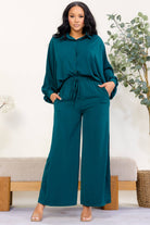 Women's plus size hunter green oversized button-down and wide leg pant set