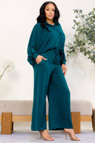 Women's plus size hunter green oversized button-down and wide leg pant set, view 2