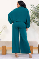 Women's plus size hunter green oversized button-down and wide leg pant set, view 3