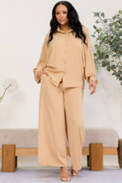 Women's plus size hunter green oversized button-down and wide leg pant set, view 4