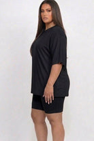 Women's plus size black oversized tee and biker shorts set, view 2