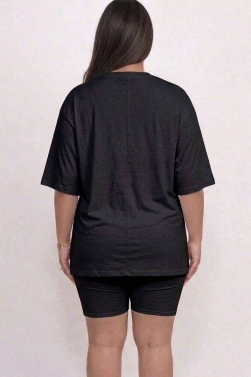 Women's plus size black oversized tee and biker shorts set, view 3