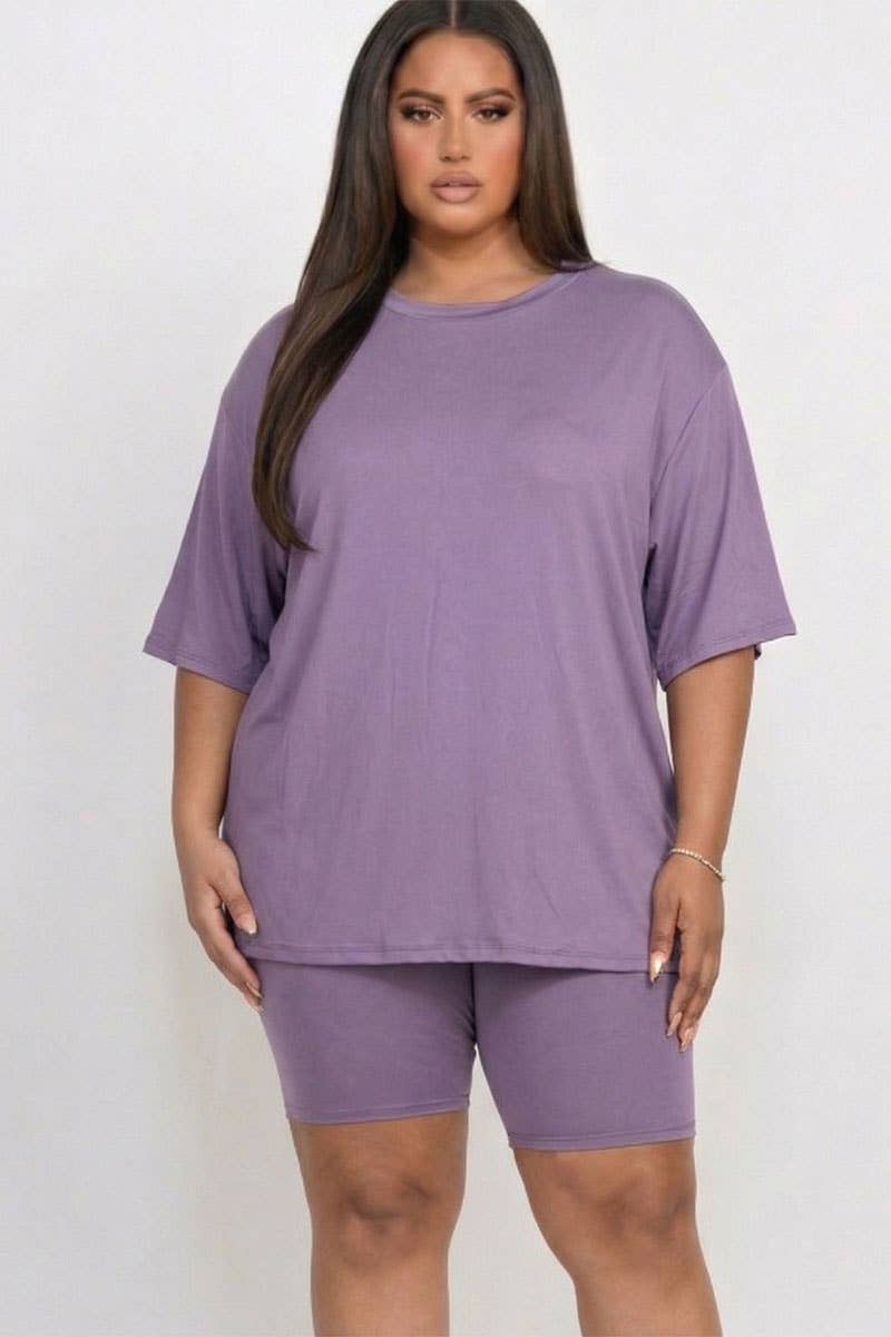 Women's plus size black oversized tee and biker shorts set, view 4
