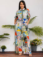 Women's plus size green patchwork print camp shirt and wide leg pant set