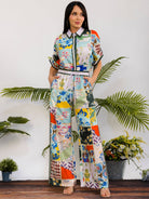 Women's plus size green patchwork print camp shirt and wide leg pant set, view 2