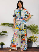 Women's plus size green patchwork print camp shirt and wide leg pant set, view 3
