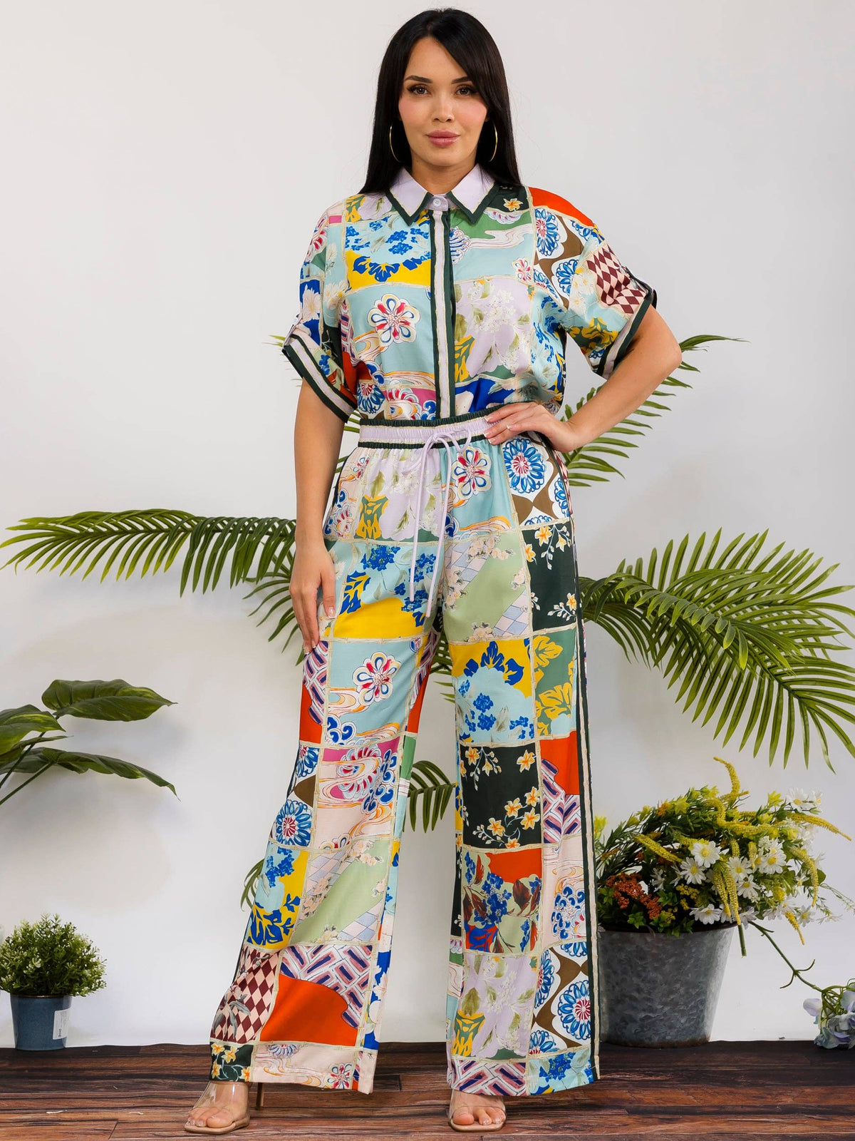 Women's plus size green patchwork print camp shirt and wide leg pant set, view 3