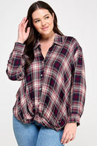 Women's plus size wine plaid draped front button-down top