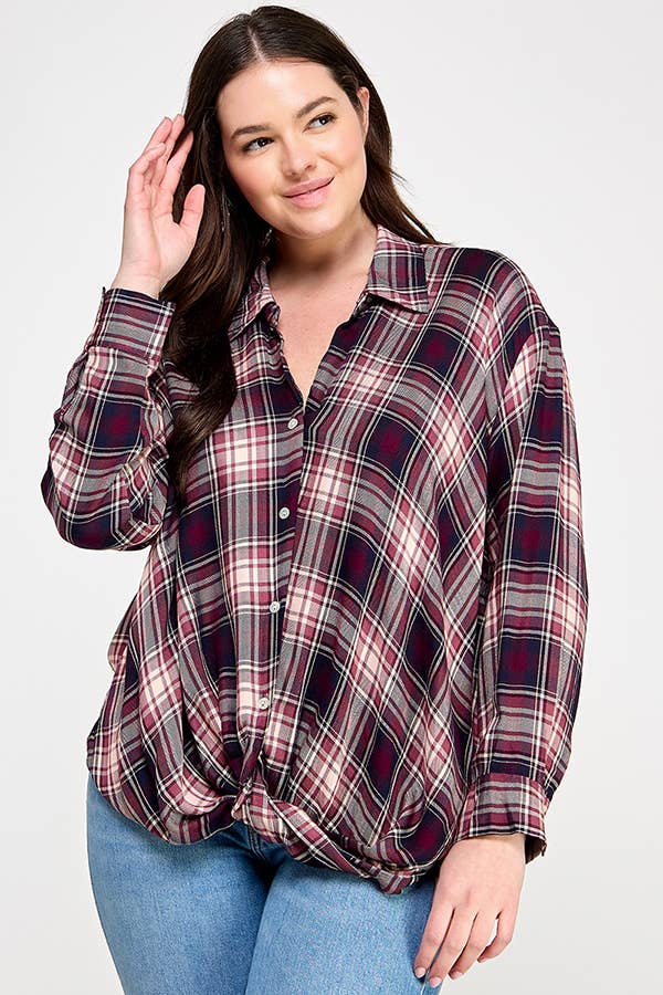 Women's plus size wine plaid draped front button-down top