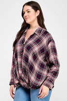 Women's plus size wine plaid draped front button-down top, view 2