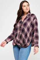Women's plus size wine plaid draped front button-down top, view 3