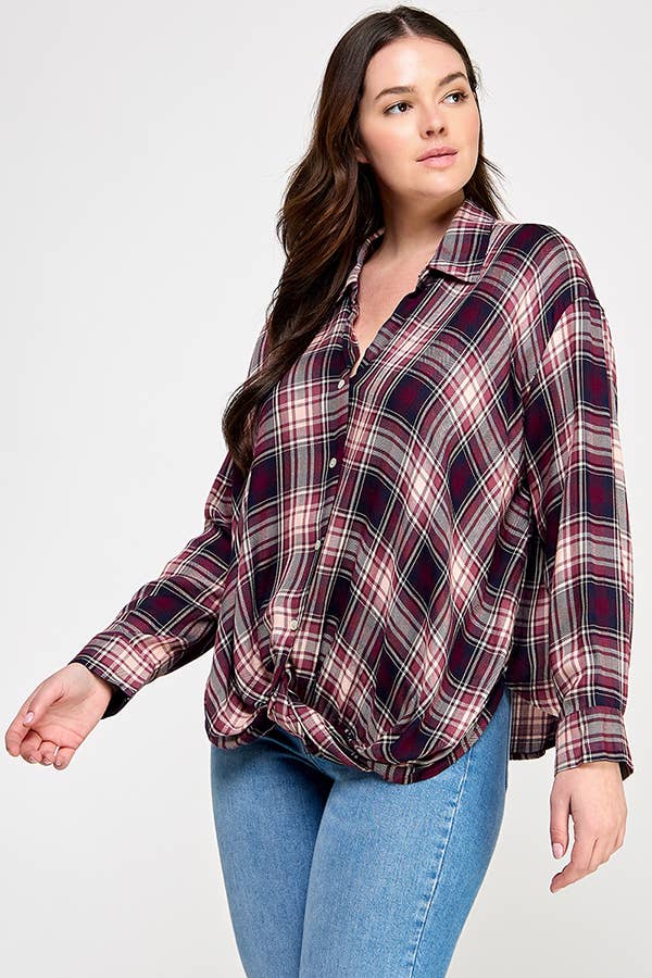 Women's plus size wine plaid draped front button-down top, view 3