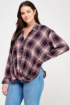 Women's plus size wine plaid draped front button-down top, view 4