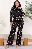 Women's plus size black polka dot tie-neck blouse and wide leg pant set