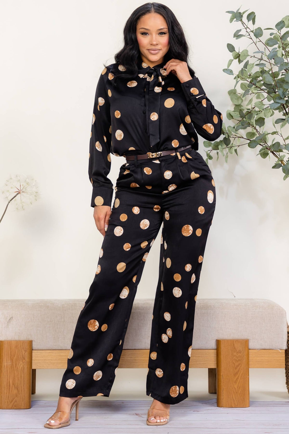 Women's plus size black polka dot tie-neck blouse and wide leg pant set