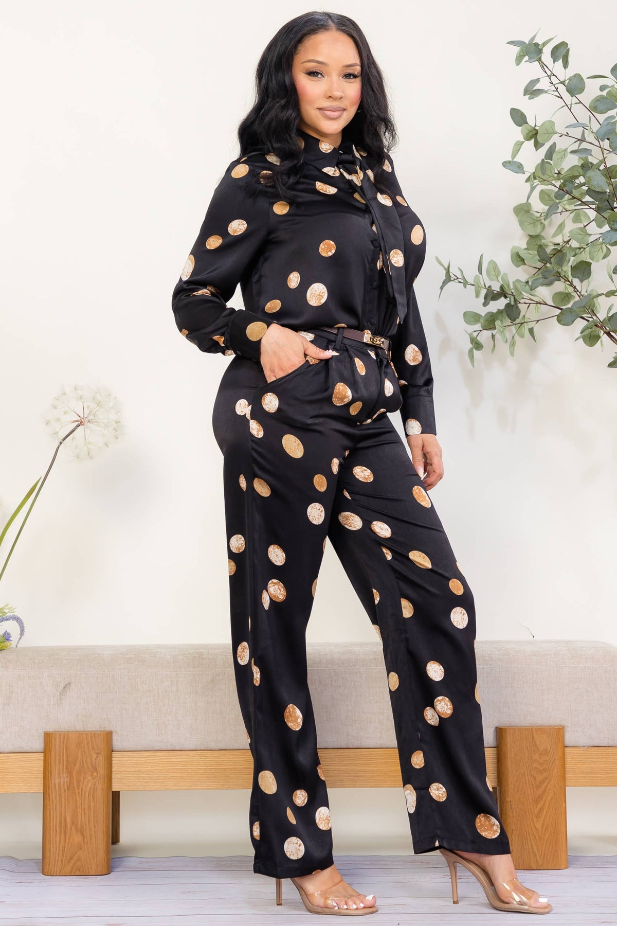 Women's plus size black polka dot tie-neck blouse and wide leg pant set, view 2