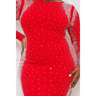 Women's plus size red rhinestone mesh long sleeve mini dress, view 4