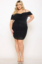 Women's plus size black rhinestone mesh off-shoulder bodycon mini dress