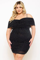 Women's plus size black rhinestone mesh off-shoulder bodycon mini dress, view 3