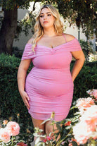 Women's plus size black rhinestone mesh off-shoulder bodycon mini dress, view 4