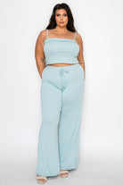 Women's plus size black ribbed square neck cami and wide leg pant set