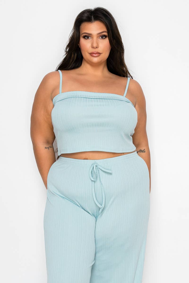 Women's plus size black ribbed square neck cami and wide leg pant set, view 4