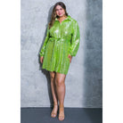 Women's plus size yellow-green sequin collared tie-waist mini shirt dress